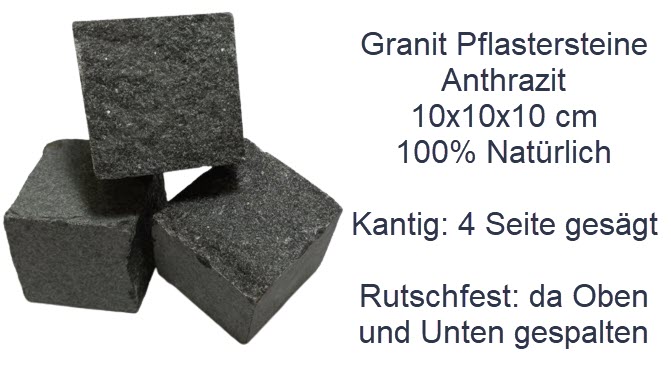 Granit Pflastersteine Anthrazit – eckig gesägt in 10x10cm Neupflaster